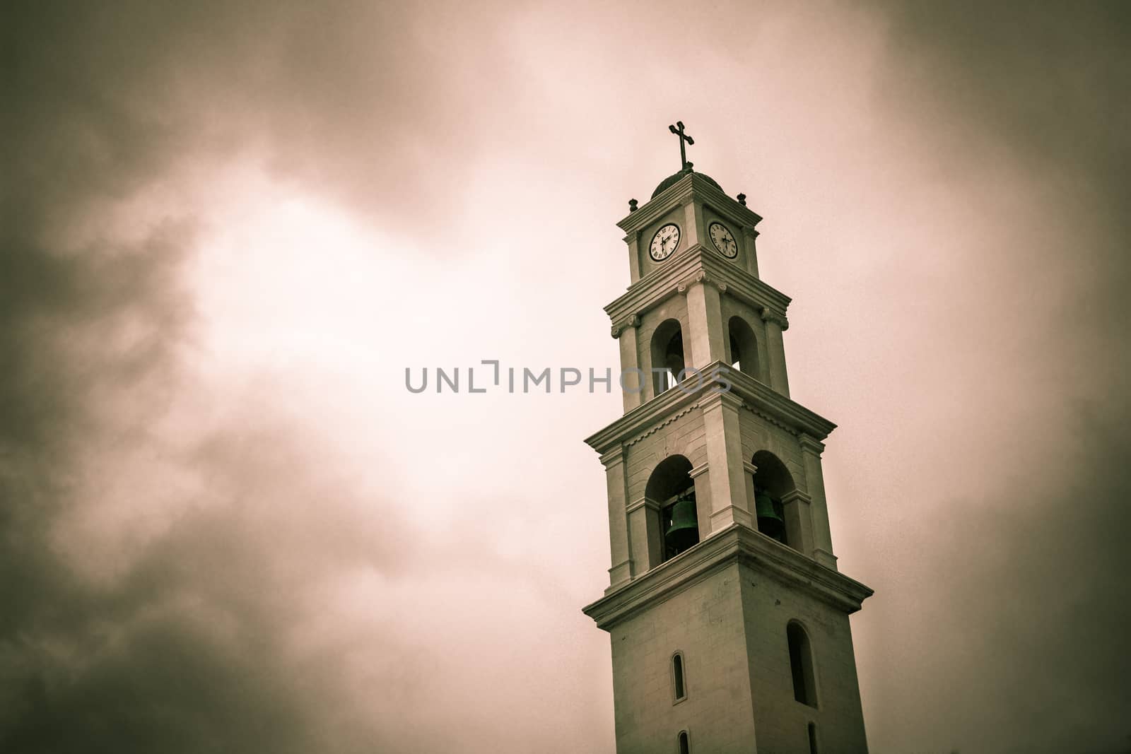Scary church clock tower.
Red and black overlay colors.