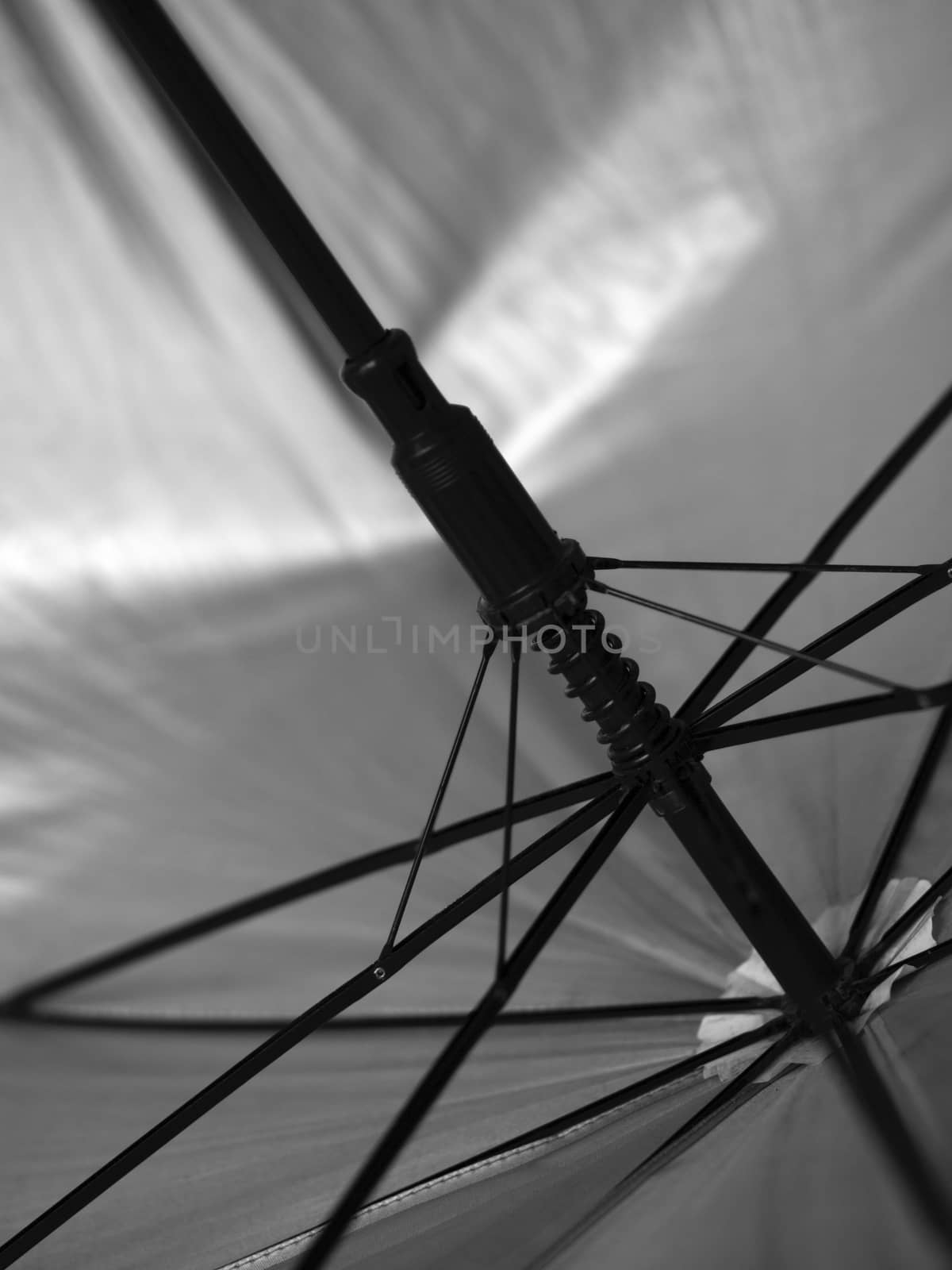 BLACK AND WHITE PHOTO OF ABSTRACT SHOT OF UMBRELLA FRAME
