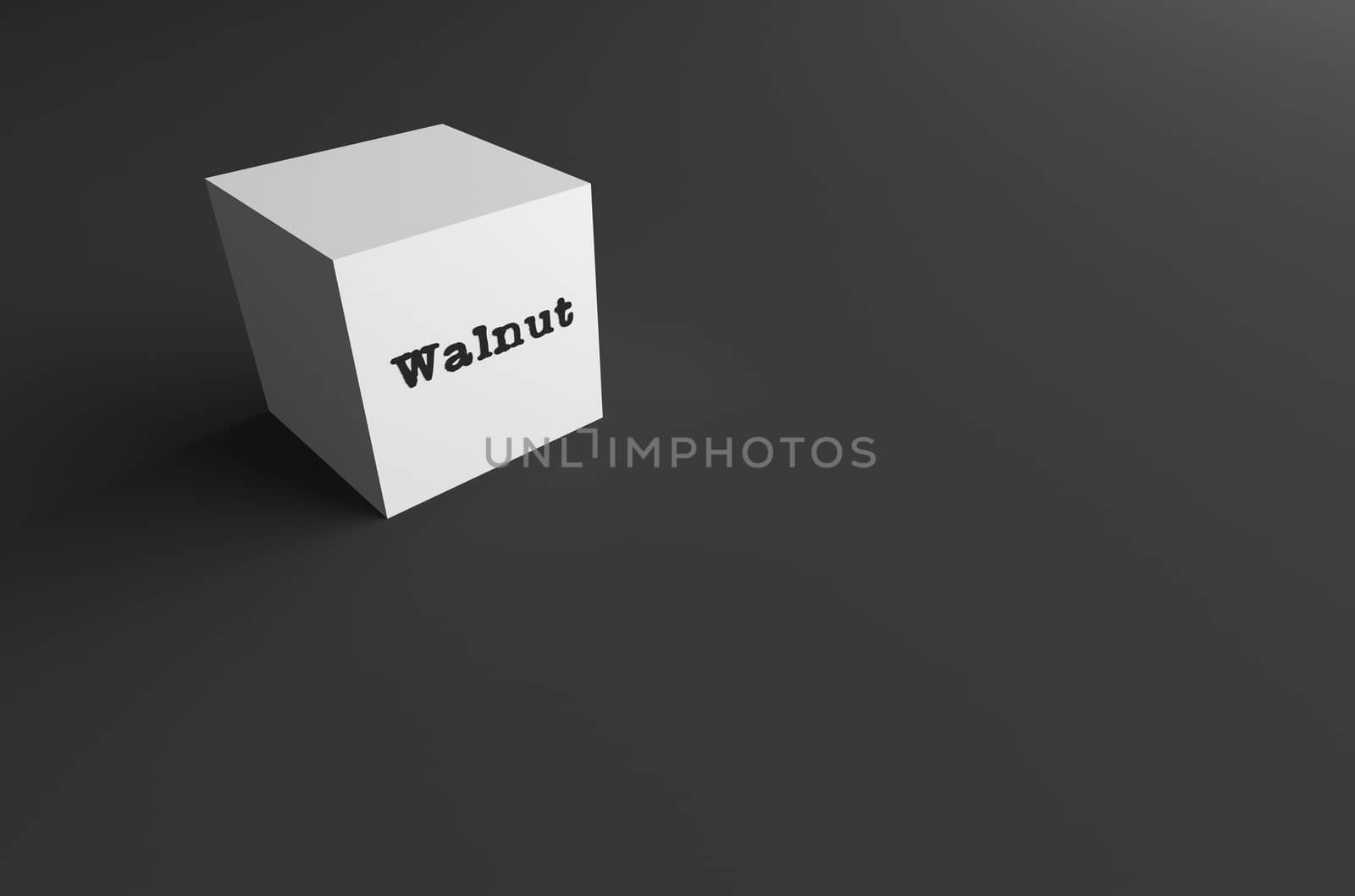 3D RENDERING WORD Walnut WRITTEN ON WHITE CUBE WITH BLACK PLAIN BACKGROUND