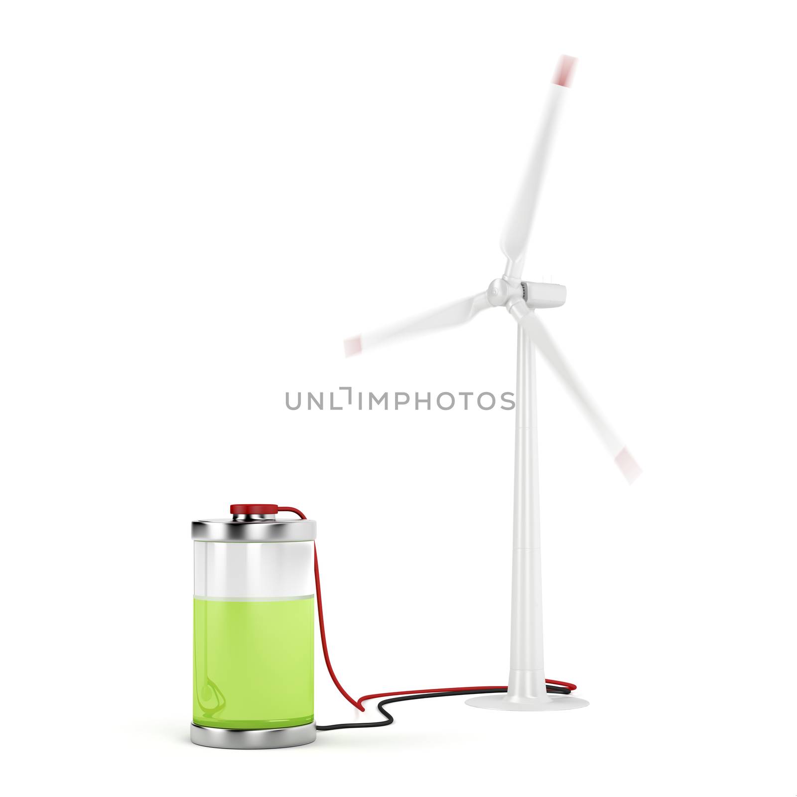 Concept image with wind turbine charging the battery