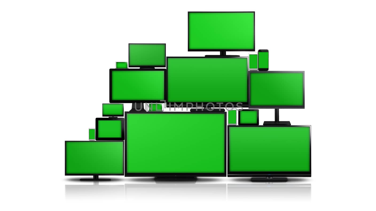 Many different types of screens. TVs, computer monitors, smartphones and tablets. They laid on each other in a pile isolated on a white background. They are all with a green screen.