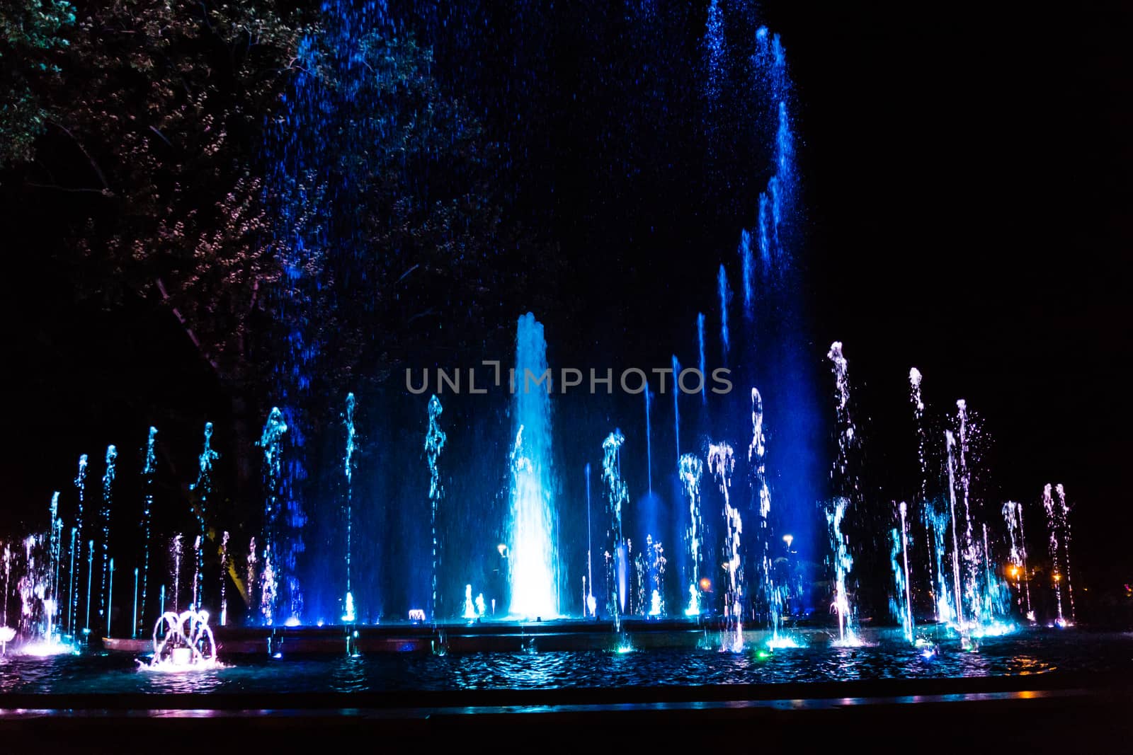 Colorful musical fountain in Margaret Island, Budapest, Hungary at night
