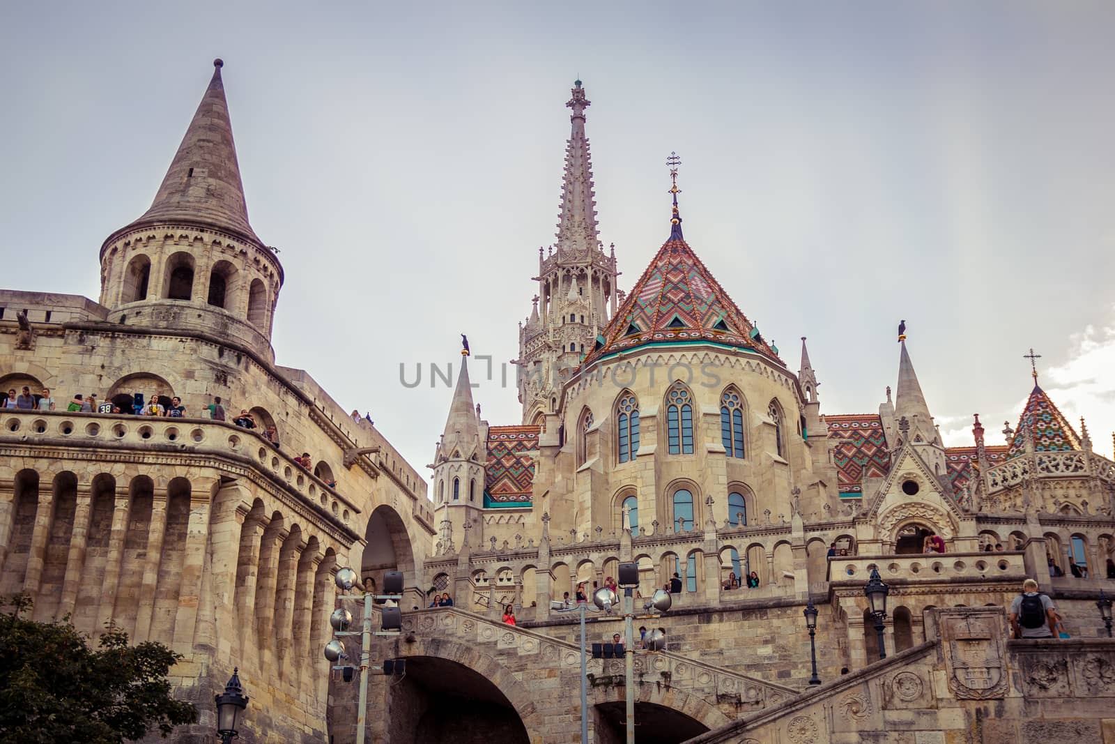 Budapest, Hungary - September 19, 2015: People visit the Fisherman's Bastion in Budapest, Hungary at sunset time
