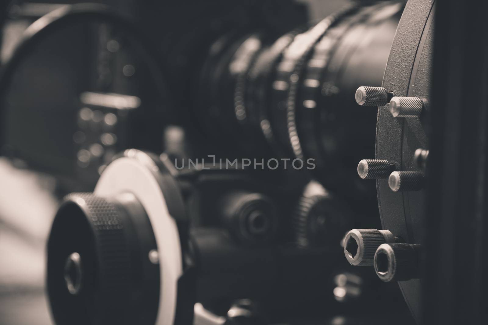 detail of Video camera viewfinder, film crew production, behind the scenes background