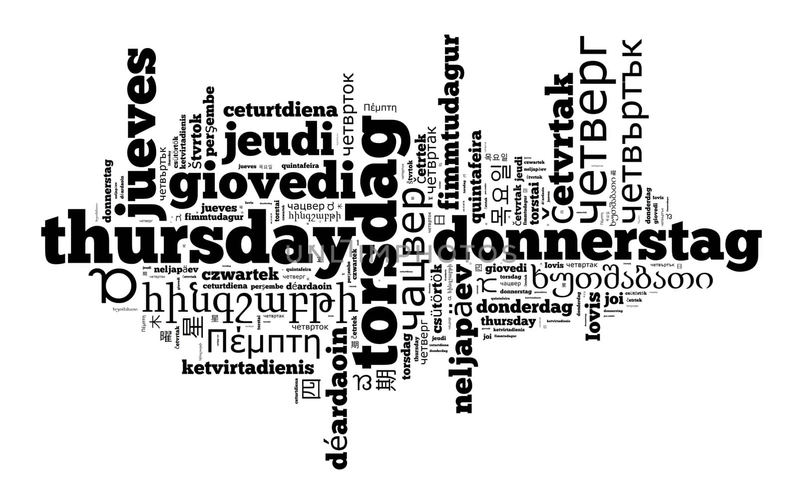 Word Thursday in different languages word cloud concept