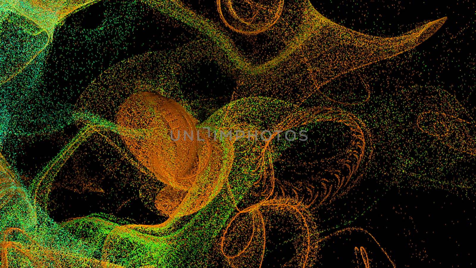 Abstract background with colorful particles in the wind. Digital backdrop. 3d render