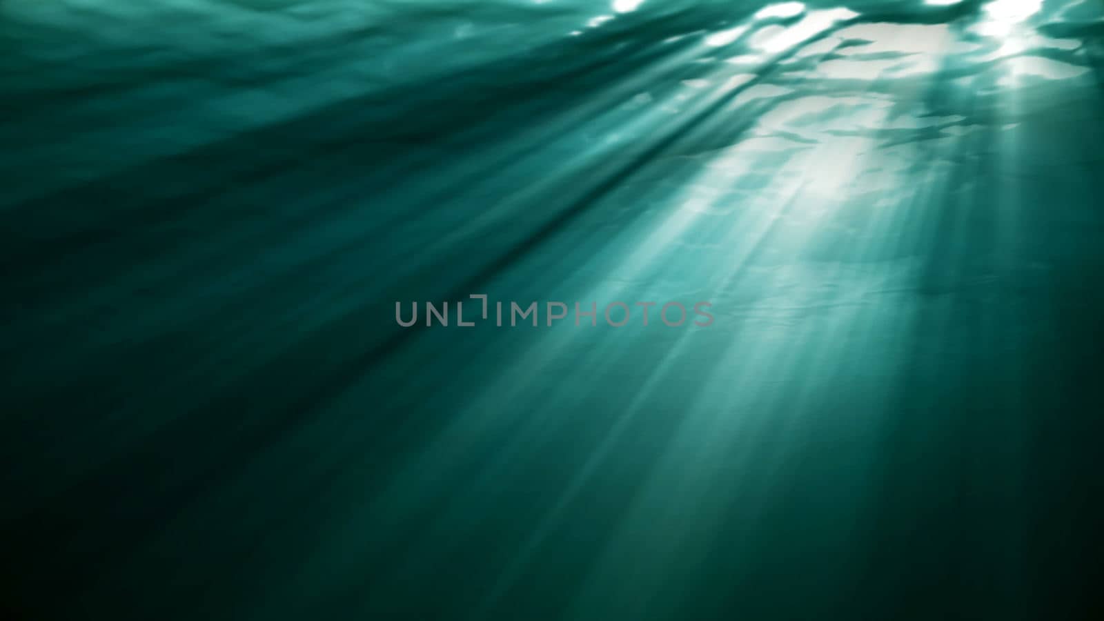 High quality ocean waves from realistic underwater. Light rays shining through. Computer graphic 3d rendering