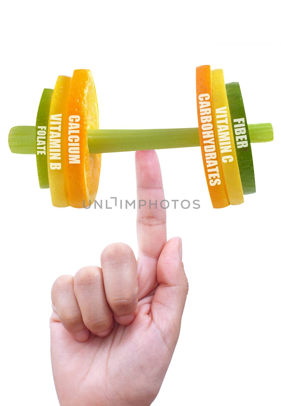 Fruit and vegetable dumbbell balanced on a finger with nutritional facts