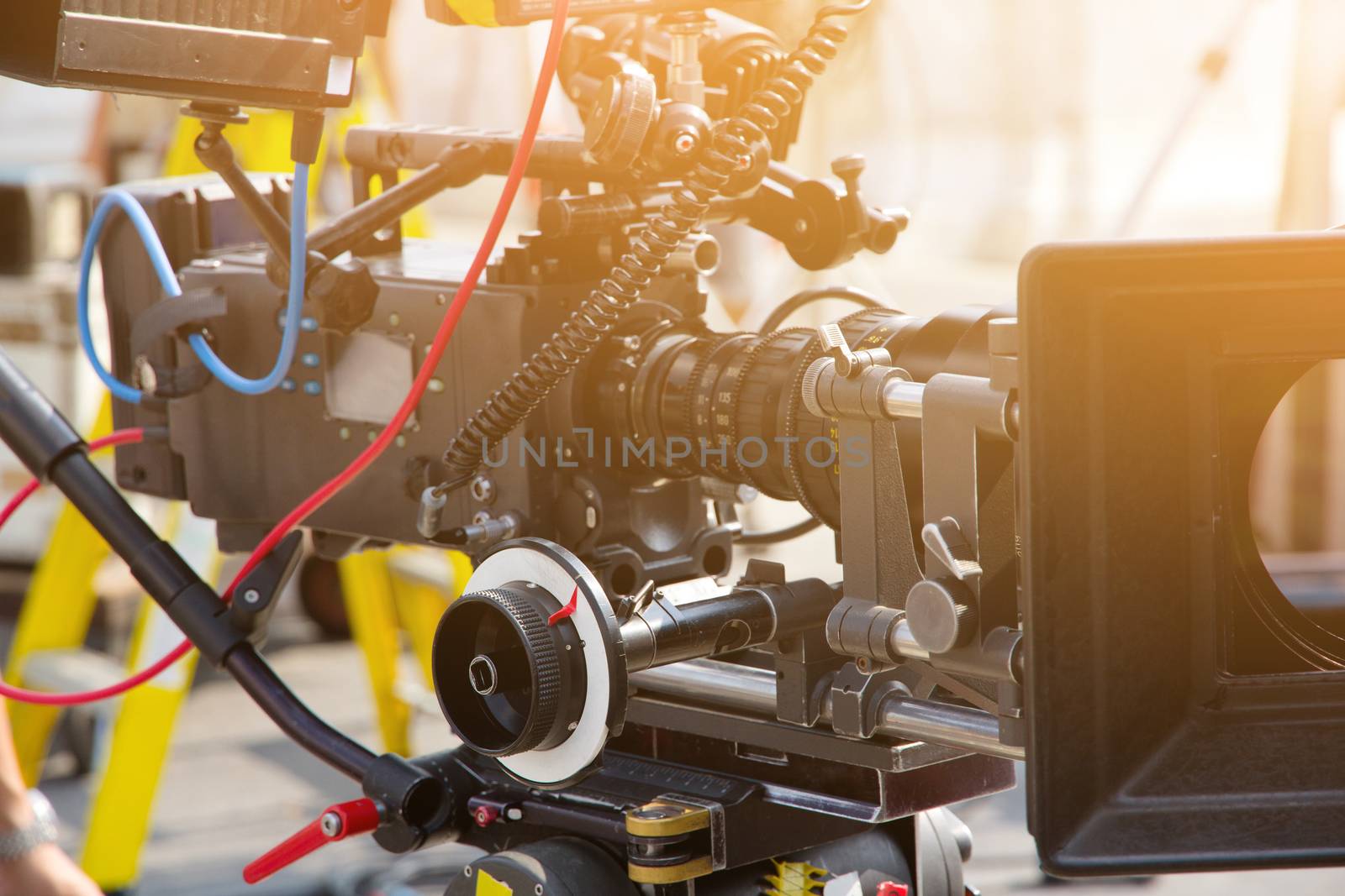 detail of Video camera viewfinder, film crew production, behind the scenes background