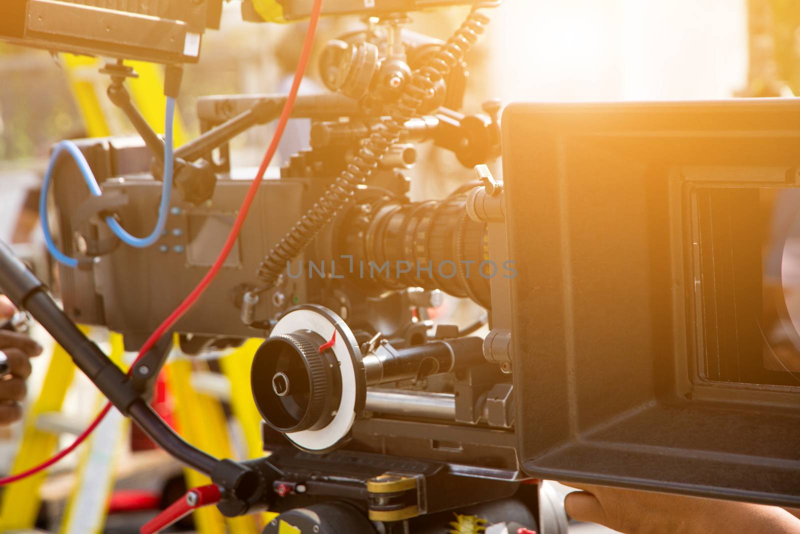 detail of Video camera viewfinder, film crew production, behind the scenes background