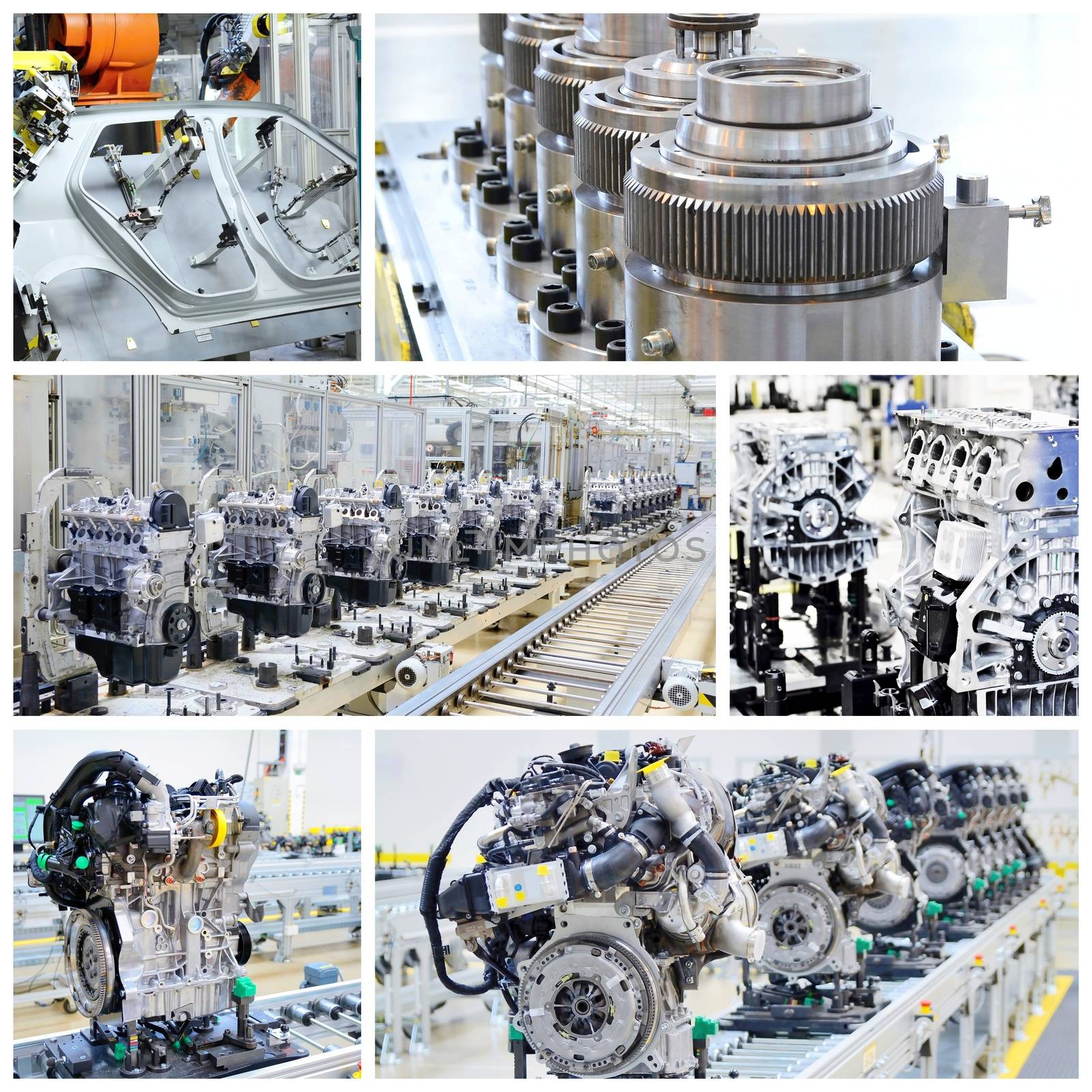 Collage of shots of the assembly line, engines and other parts in car factory.