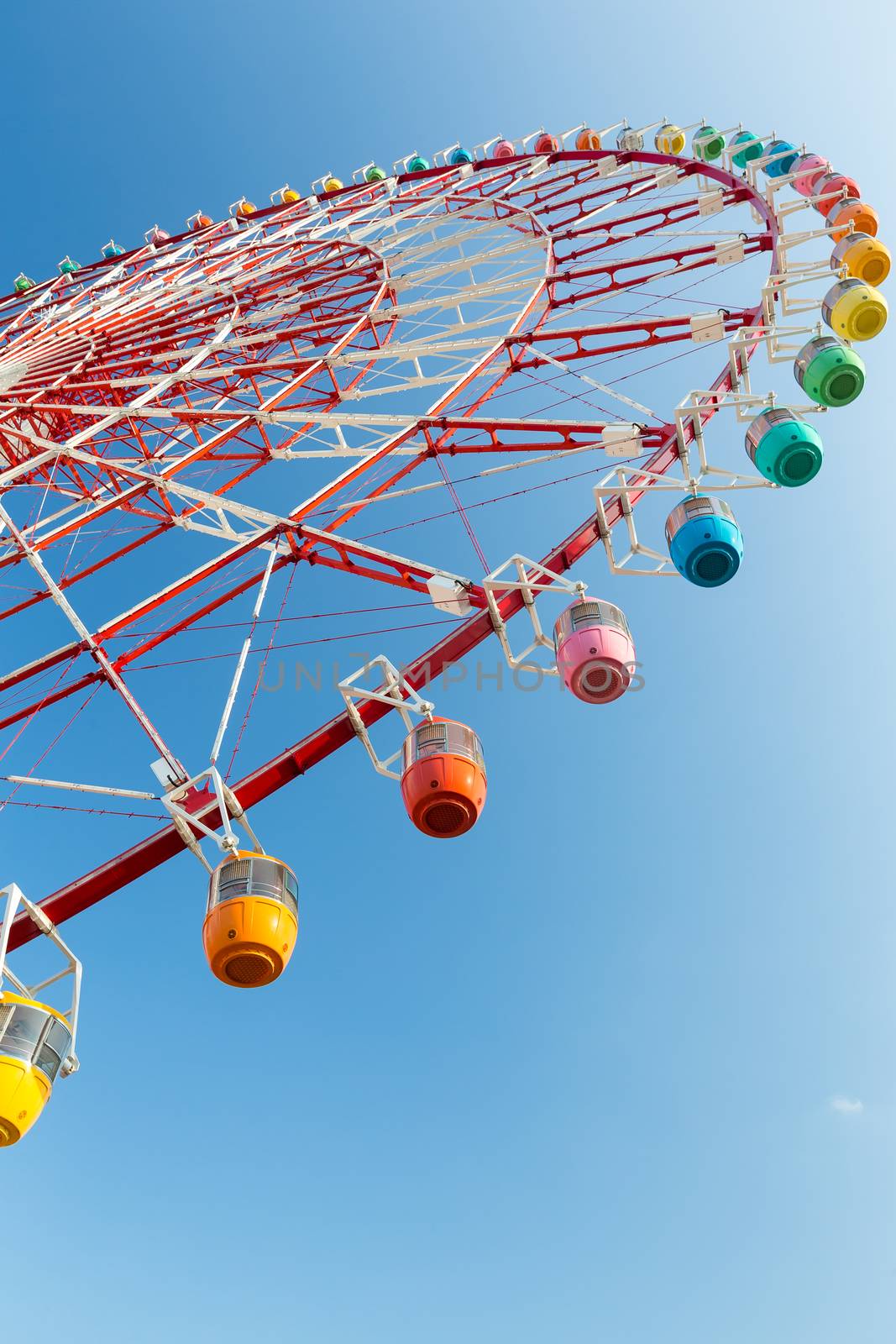 Ferris wheel with clear blue sky by leungchopan