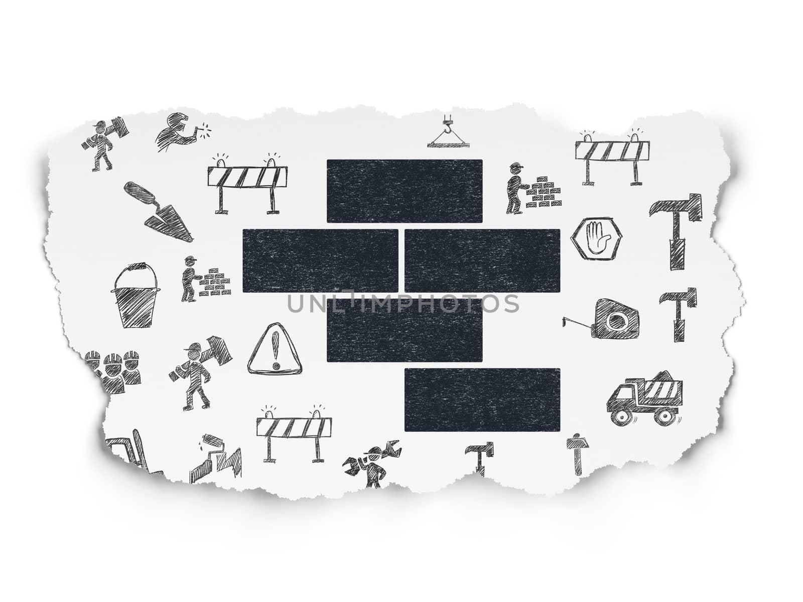 Construction concept: Painted black Bricks icon on Torn Paper background with  Hand Drawn Building Icons