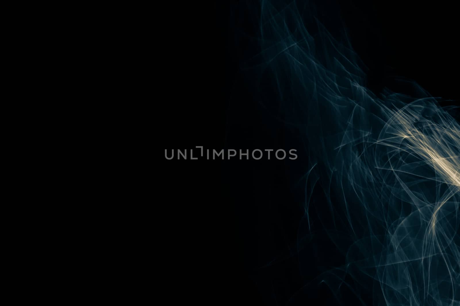Light painted glowing abstract blue and yellow curved lines on a black background