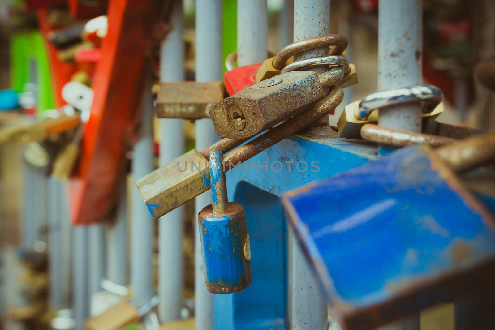 Close up on many love locks on fence.