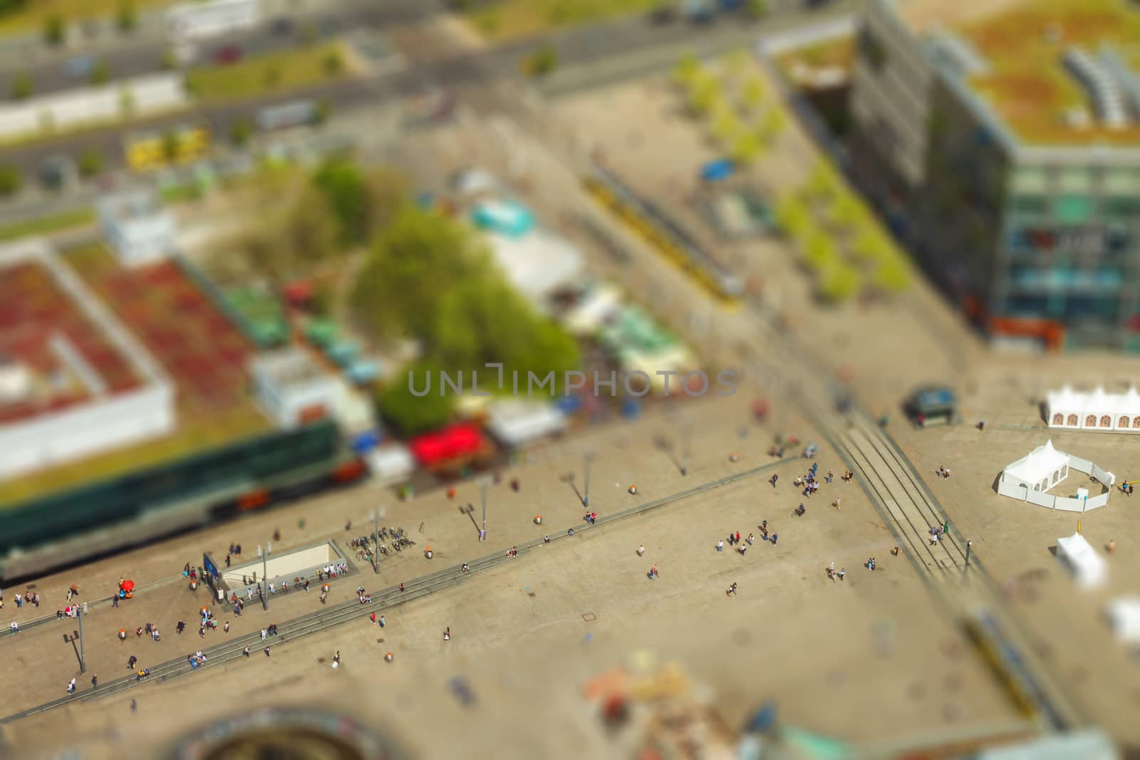 Aerial view of the Alexanderplatz public square in Berlin. with tilt-shift effect.