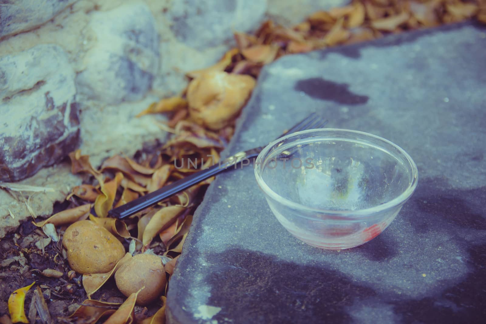 Meal in the garden - Close up on black plastic fork and a small empty glass bowl that are placed on a black stone in the garden. Many orange leaves all around. Selective Focus.
