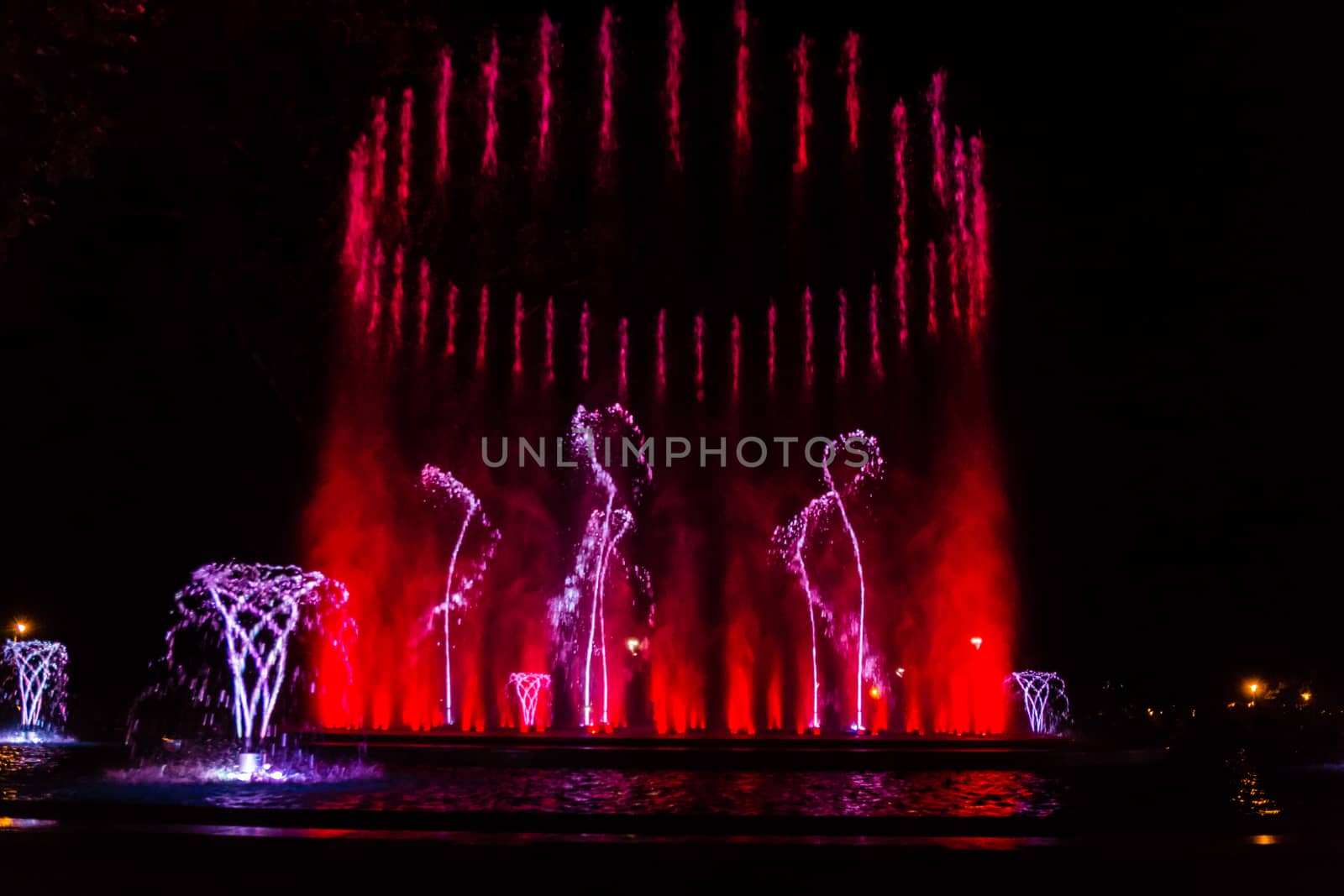 Colorful musical fountain in Margaret Island, Budapest, Hungary at night
