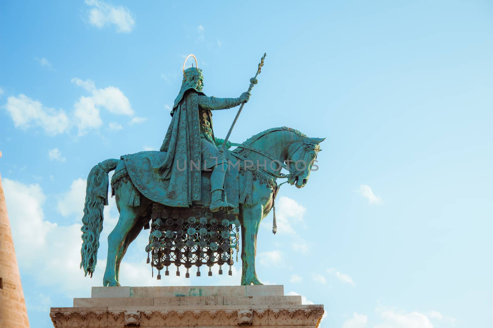 Bronze statue of Stephen I of Hungary at the Fisherman's Bastion in Budapest, Hungary  
