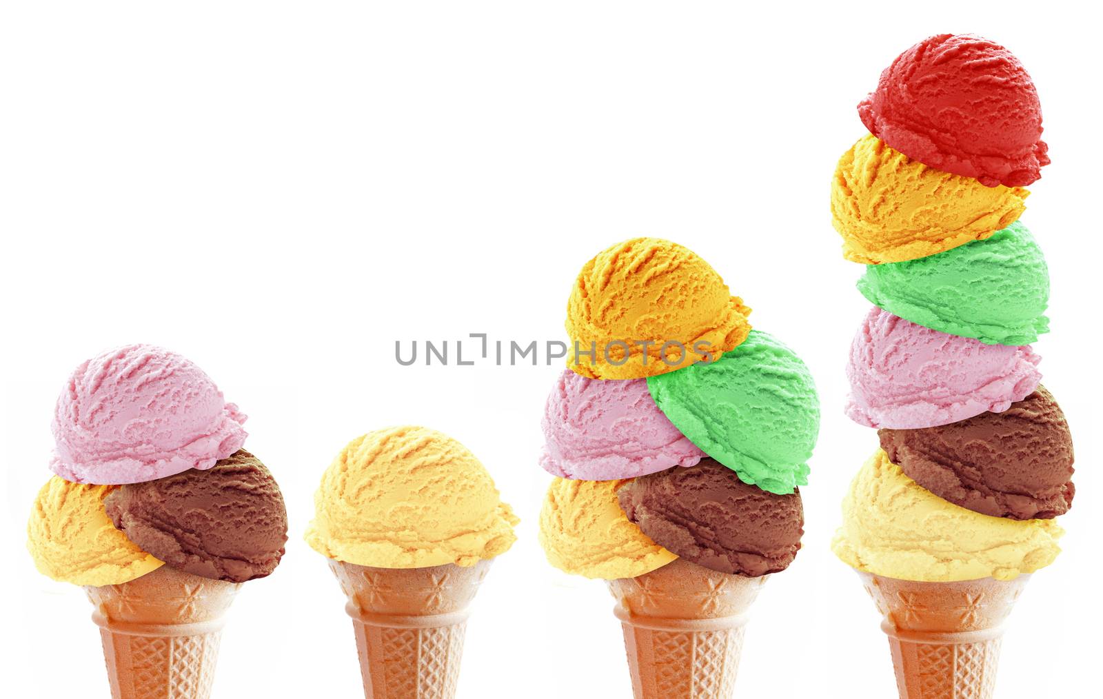 Various icecream scoop flavors in cones closeup