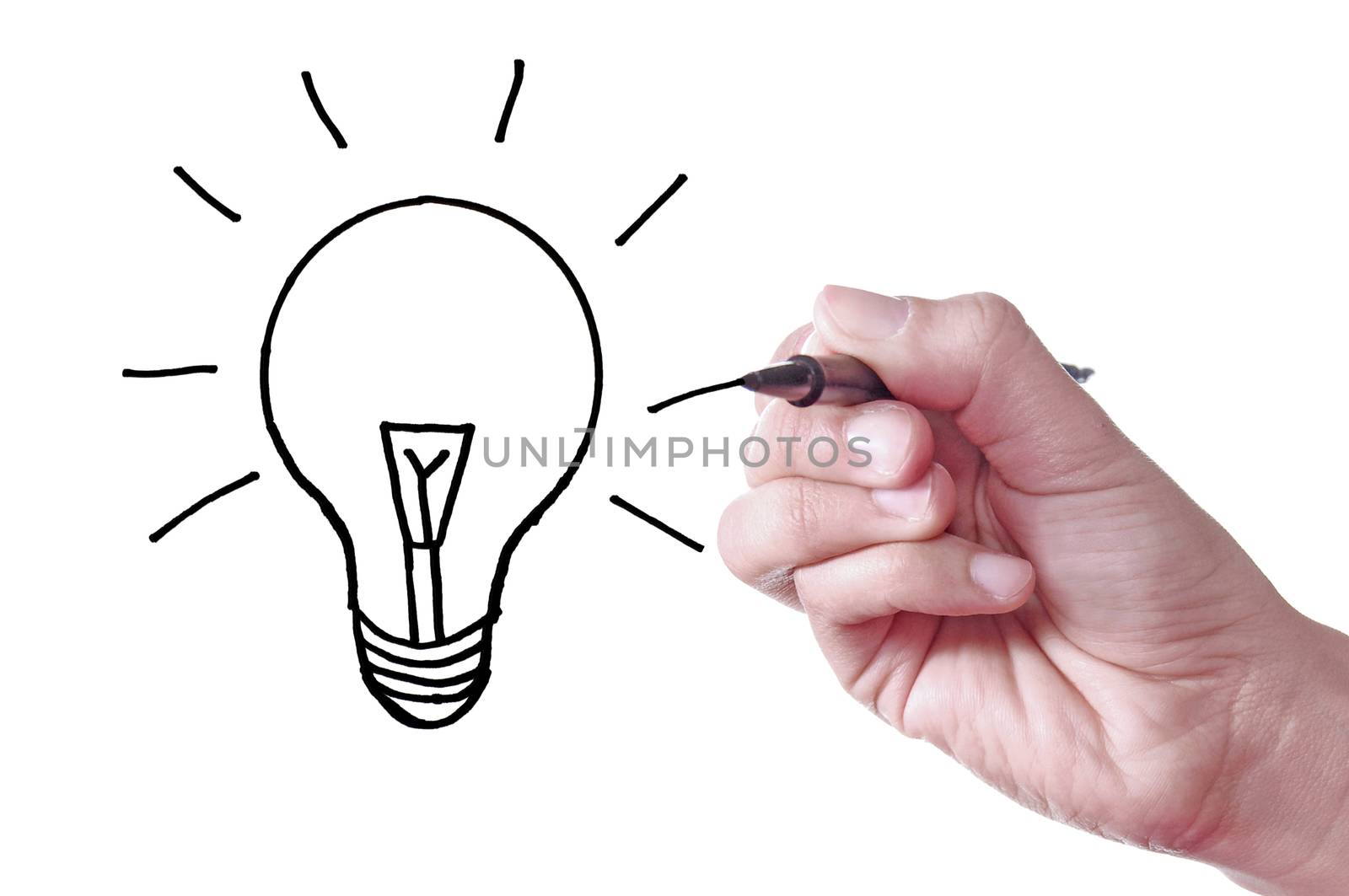 Hand sketching a light bulb over a white background