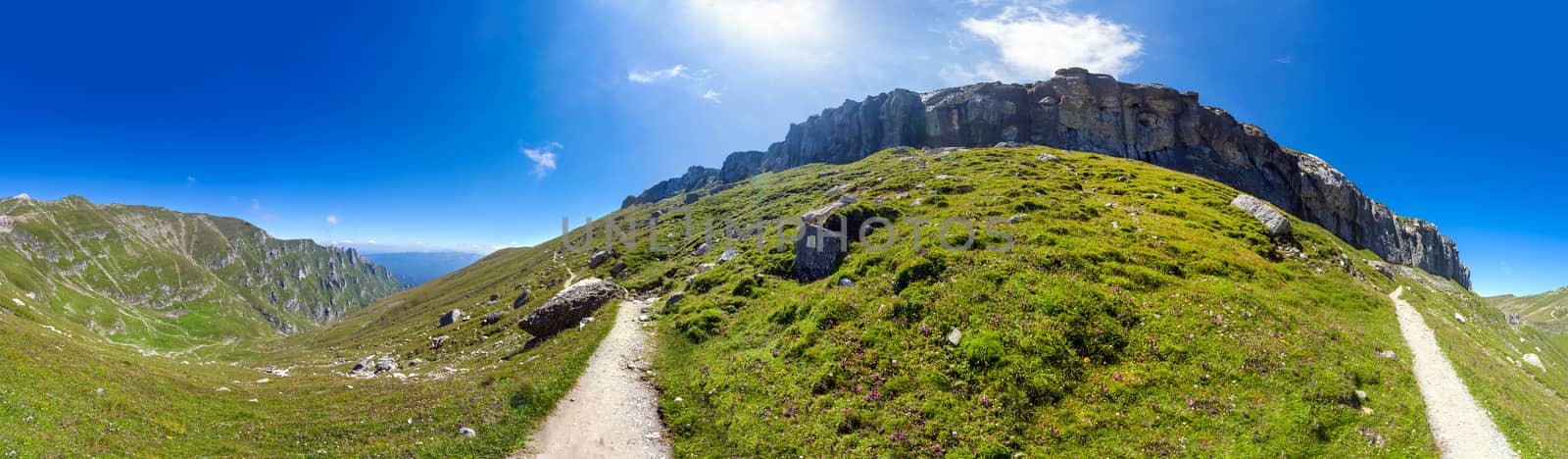 Panoramic view of Mount Bucegi on summer, part of the Carpathian Range from Romania