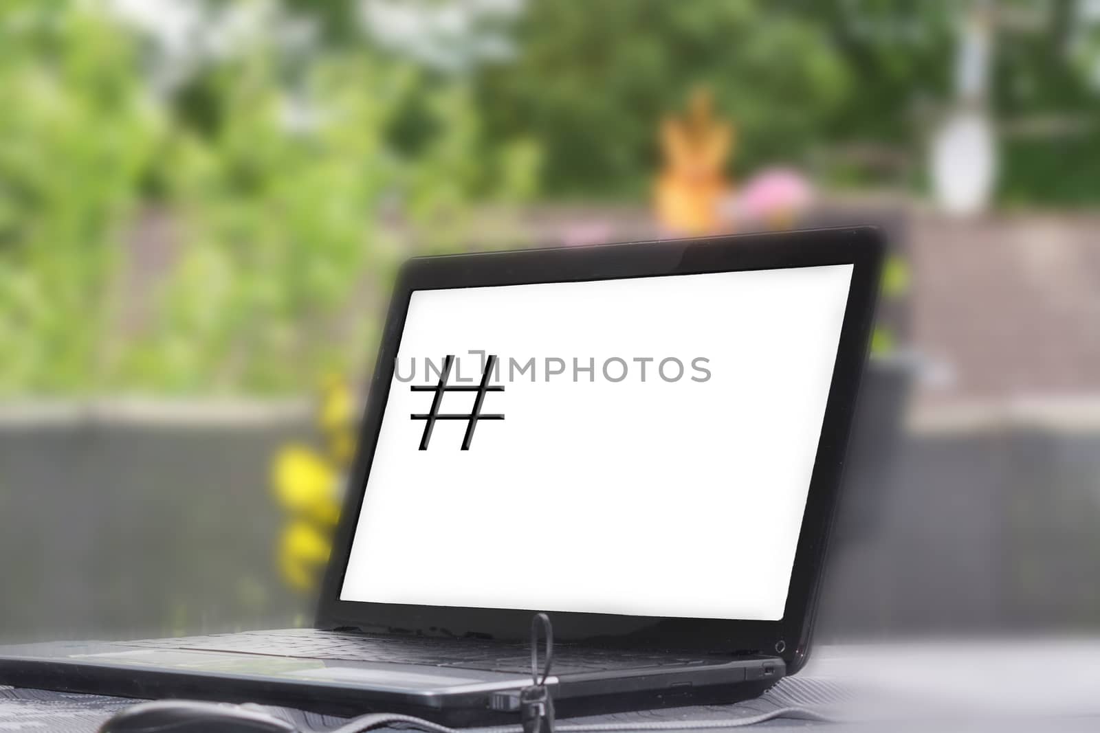 Hashtag symbol on laptop monitor. Characters for viral web network, social media.