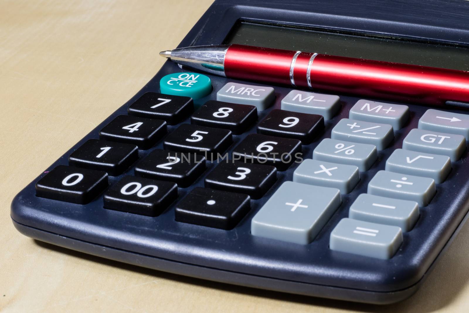 Bills, documents and papers with calculator. Office of the accounting office. Wooden table.