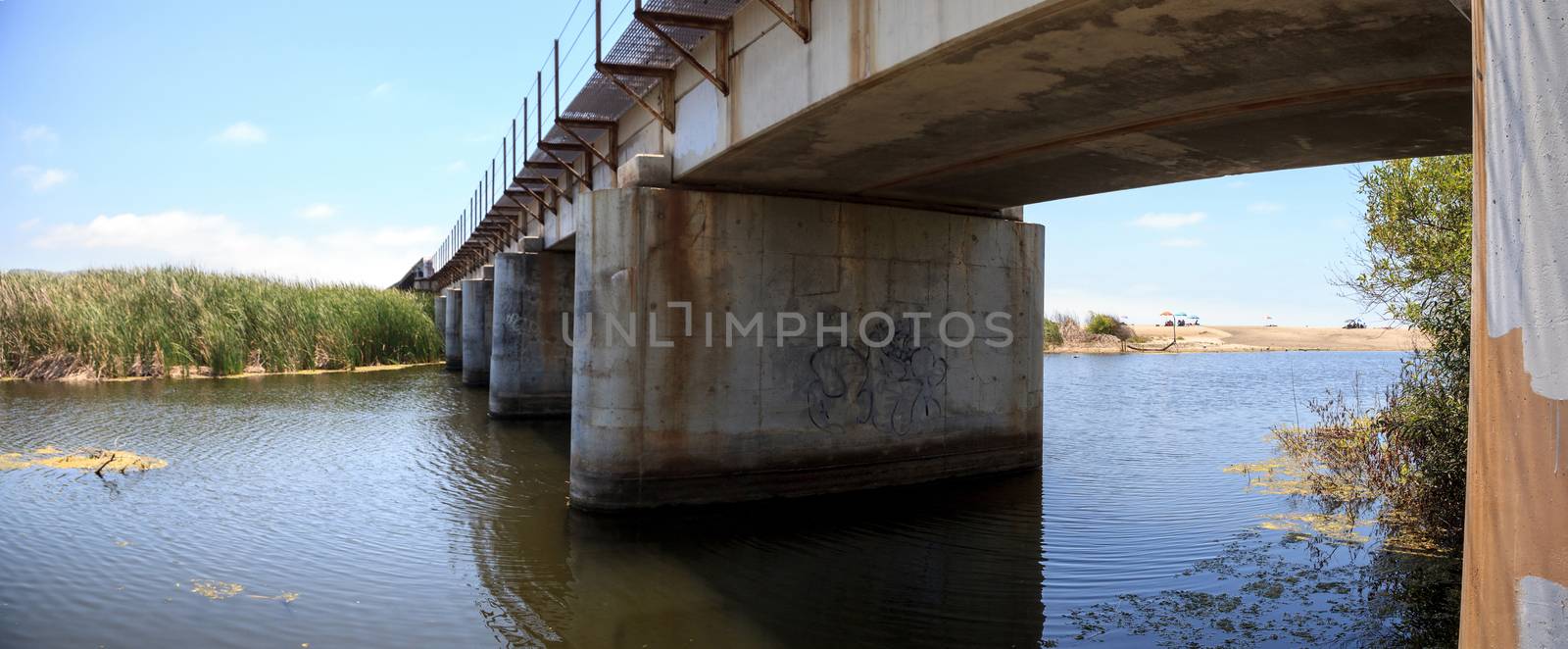 Water under the railroad track bridge leading down to the ocean at San Clemente State Beach in Summer in Southern California