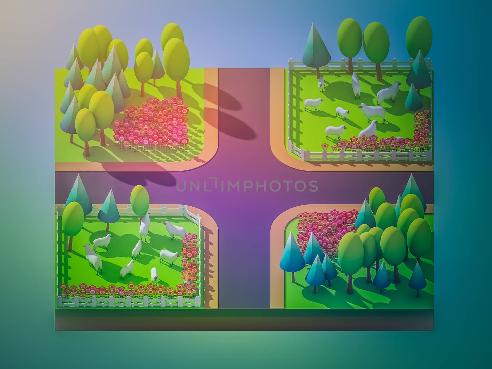 Sheep in the landscape, isometric view by teerawit