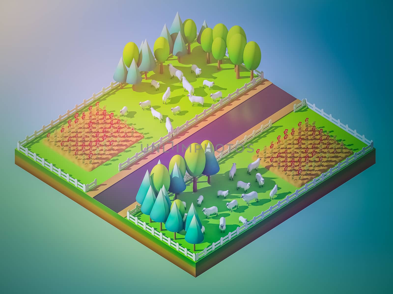 Sheep in the landscape, isometric view