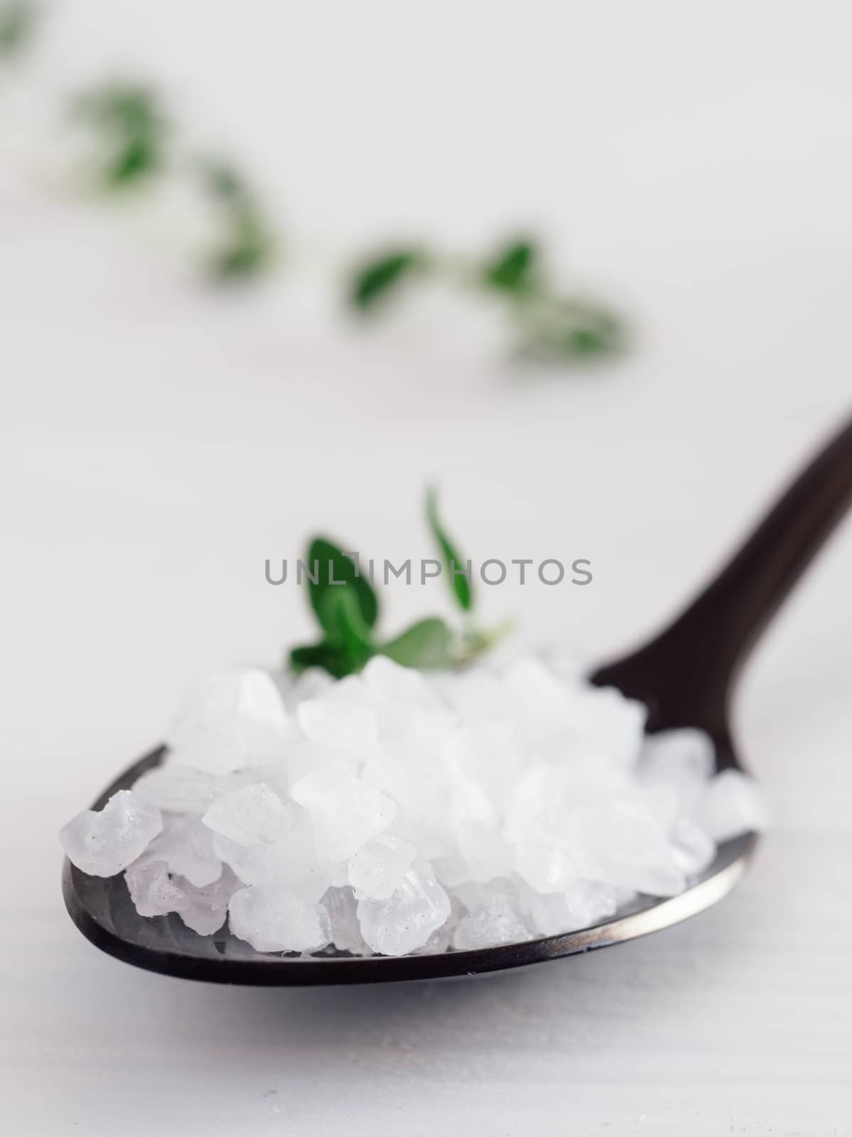 coarse sea salt in black spoon on white background with thyme. Copy space.