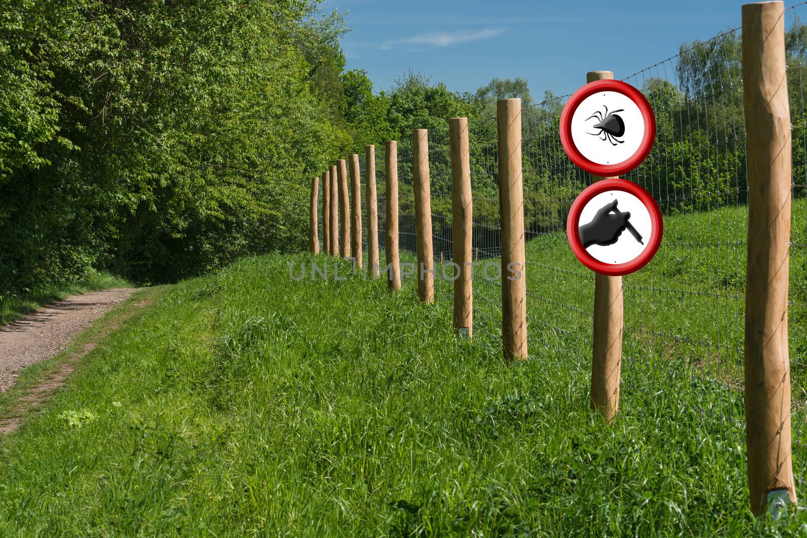 Borreliosis and tick warning. Two round red warning signs on a fence post in front of a green meadow. A sign with ticks symbol the other shows a hand with syringe.