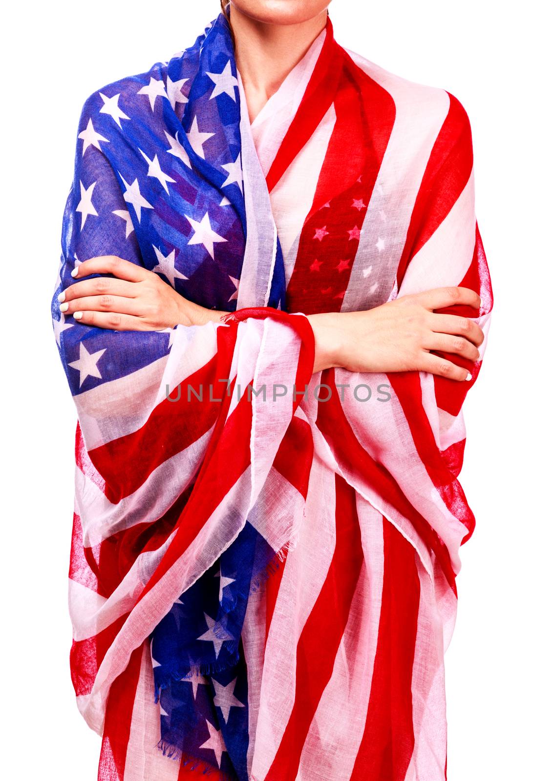 Woman's body wrapped in the USA national flag, isolated on white background