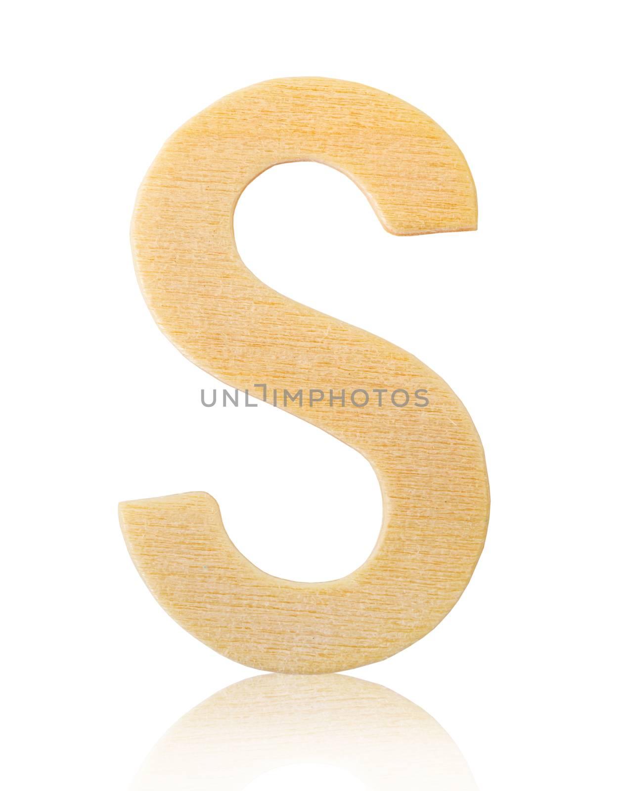 Single capital block wooden letter S isolated on white background, Save clipping path.