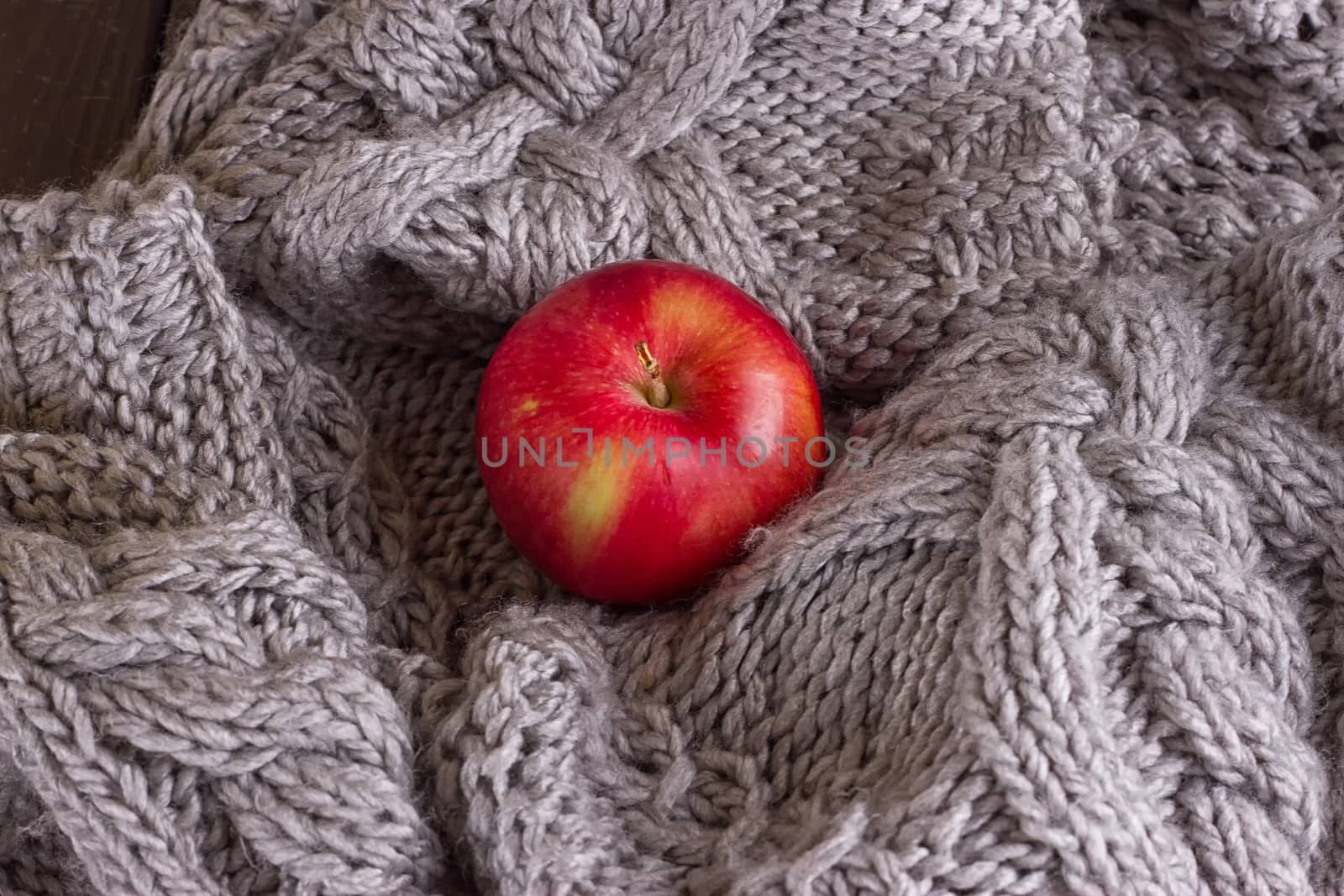 Red apple in a knitted gray sweater