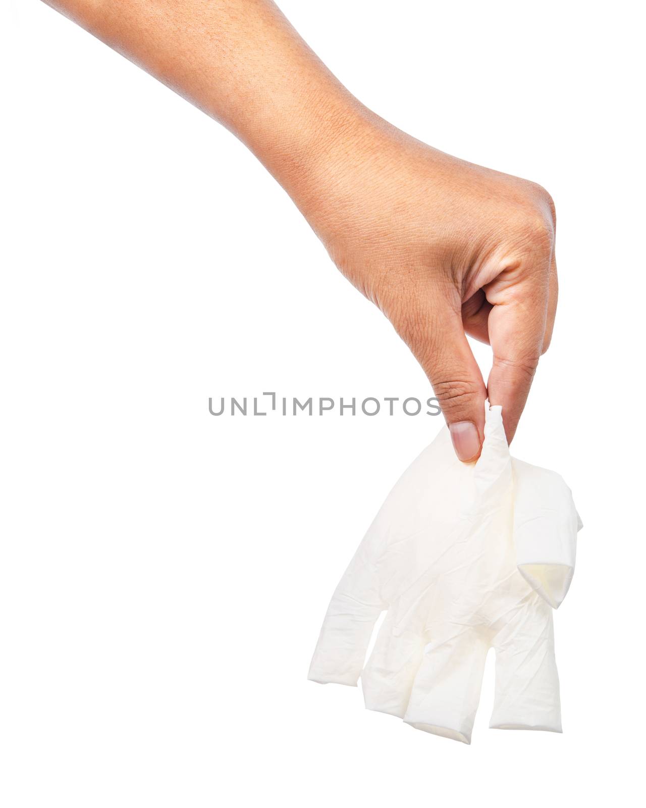 Hand throwing away white disposable gloves medical, Isolated on white background, Save clipping path. Infection control concept.