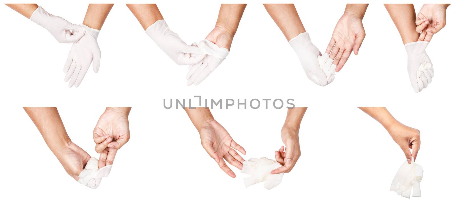 Step of hand throwing away white disposable gloves medical. by Gamjai