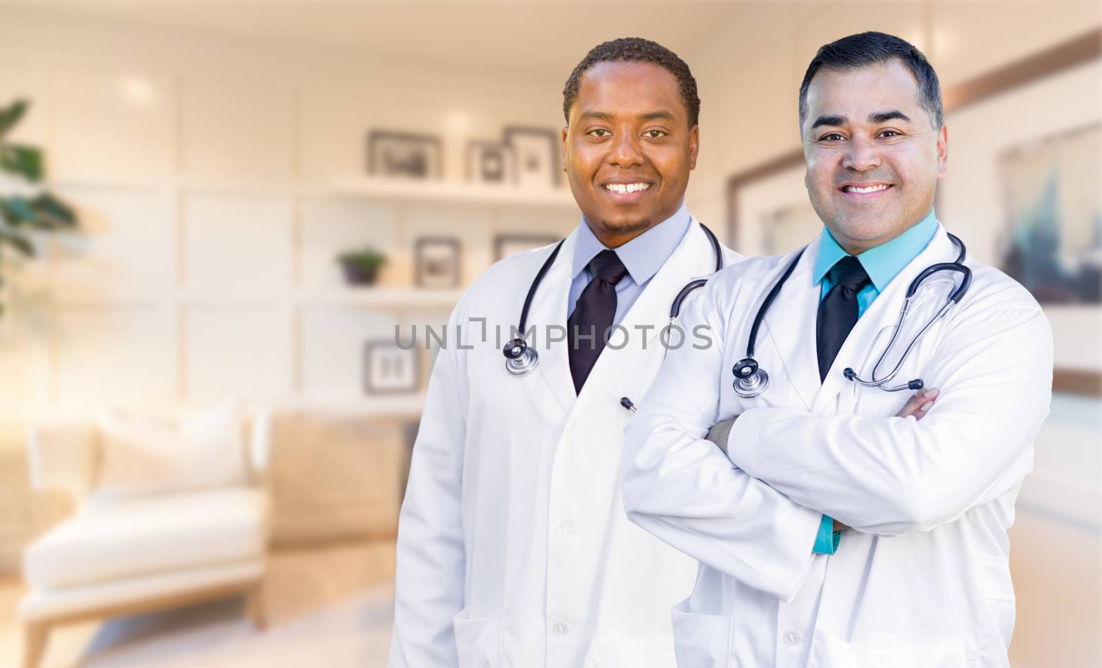 African American and Hispanic Doctors or Nurses Standing in Office.