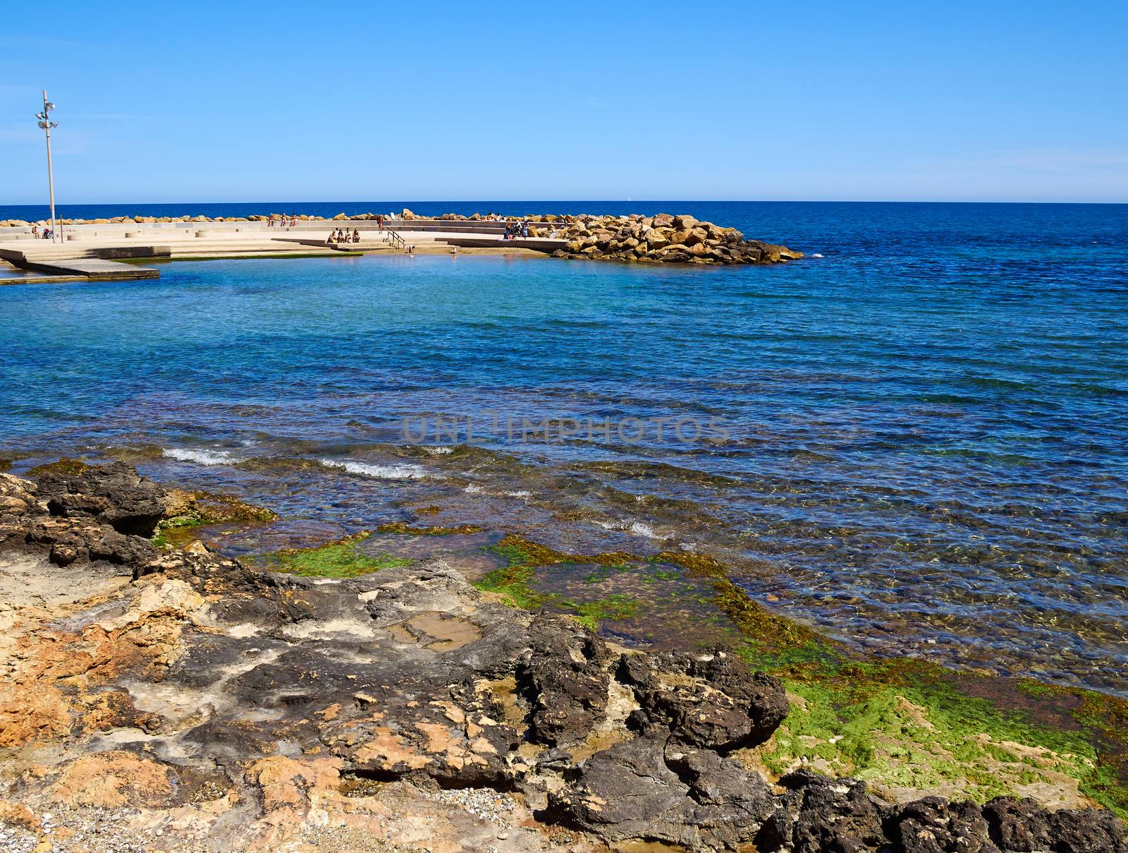 Sunny Mediterranean popular summer tourist destination beach, promenade with palm trees Torrevieja, Valencia, Spain