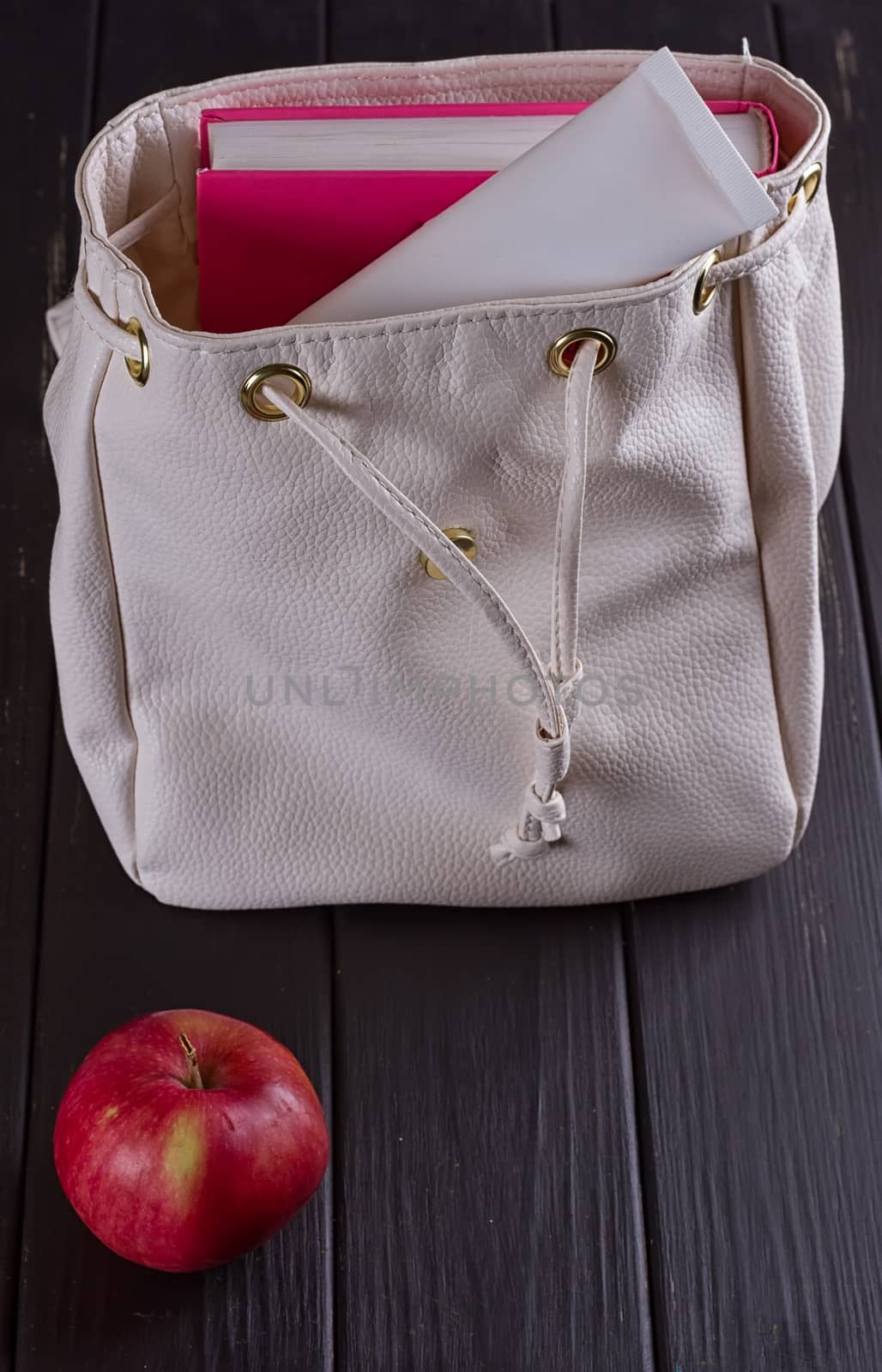 White leather backpack, apple, tube of cream by victosha