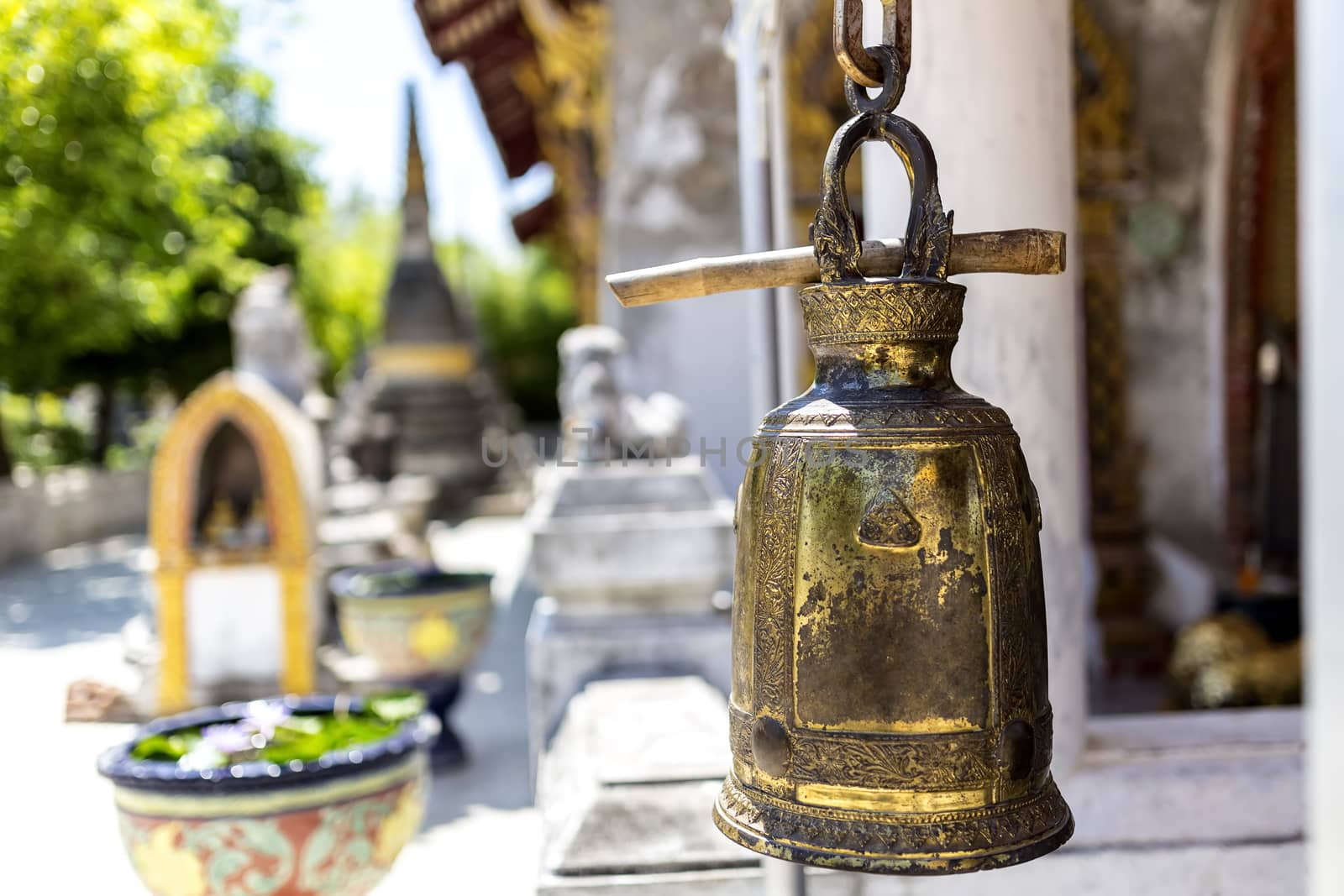 A very old hanging bells in Buddhist temple in Thailand, selective focus