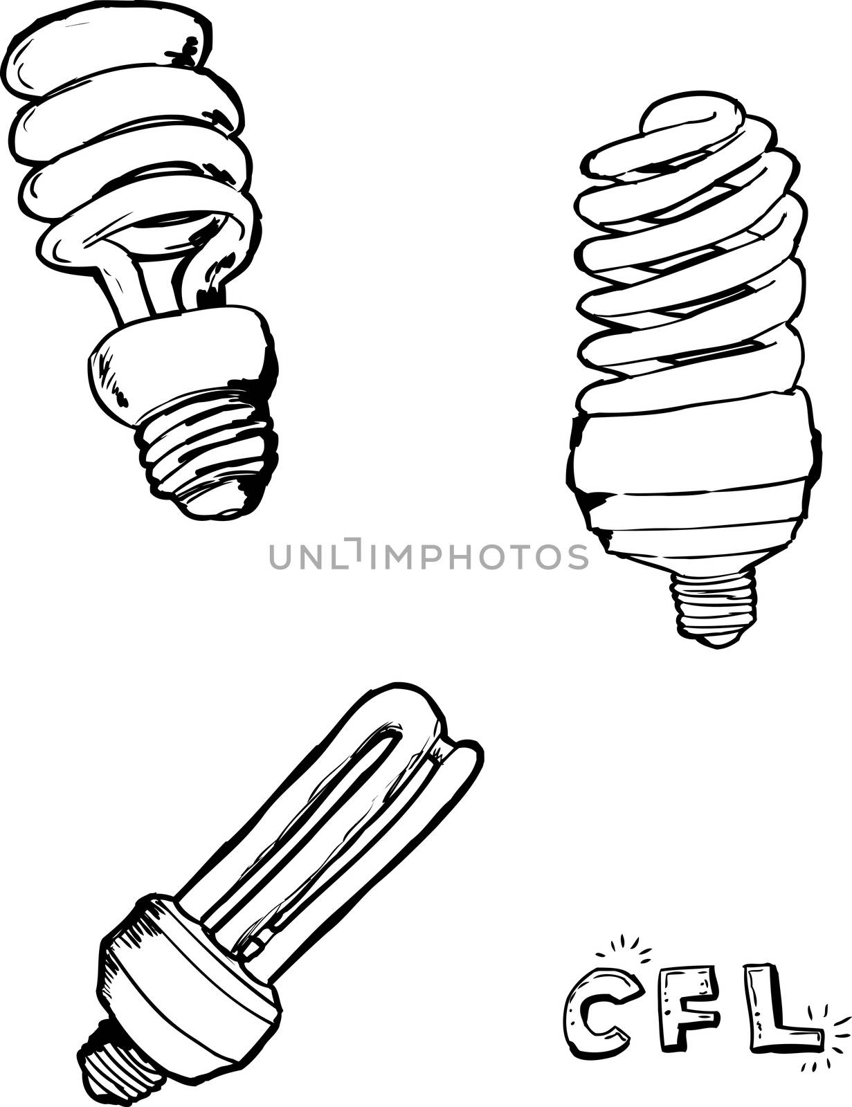 Outlined sketches of compact fluorescent light bulbs over white background