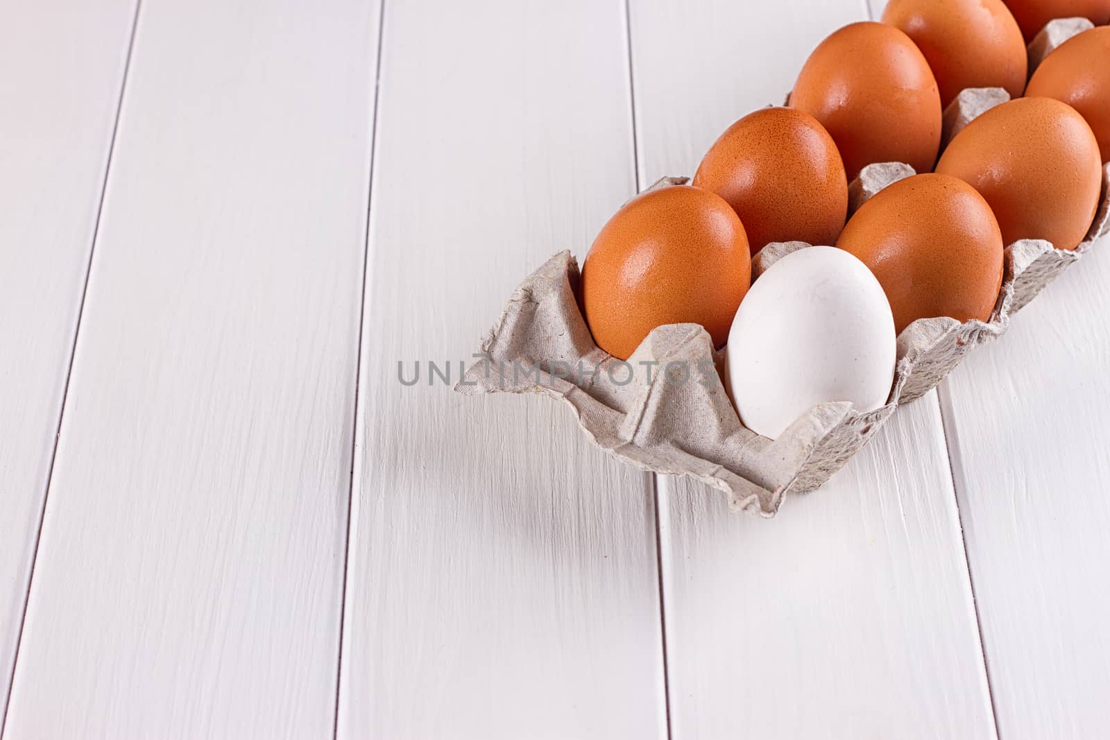 Container of ten eggs. Nine eggs brown one egg white. on white background.