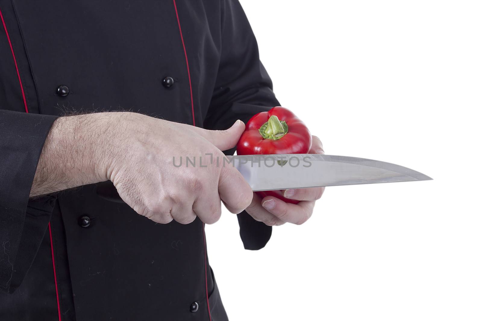 Chef with knife and paprika on white background