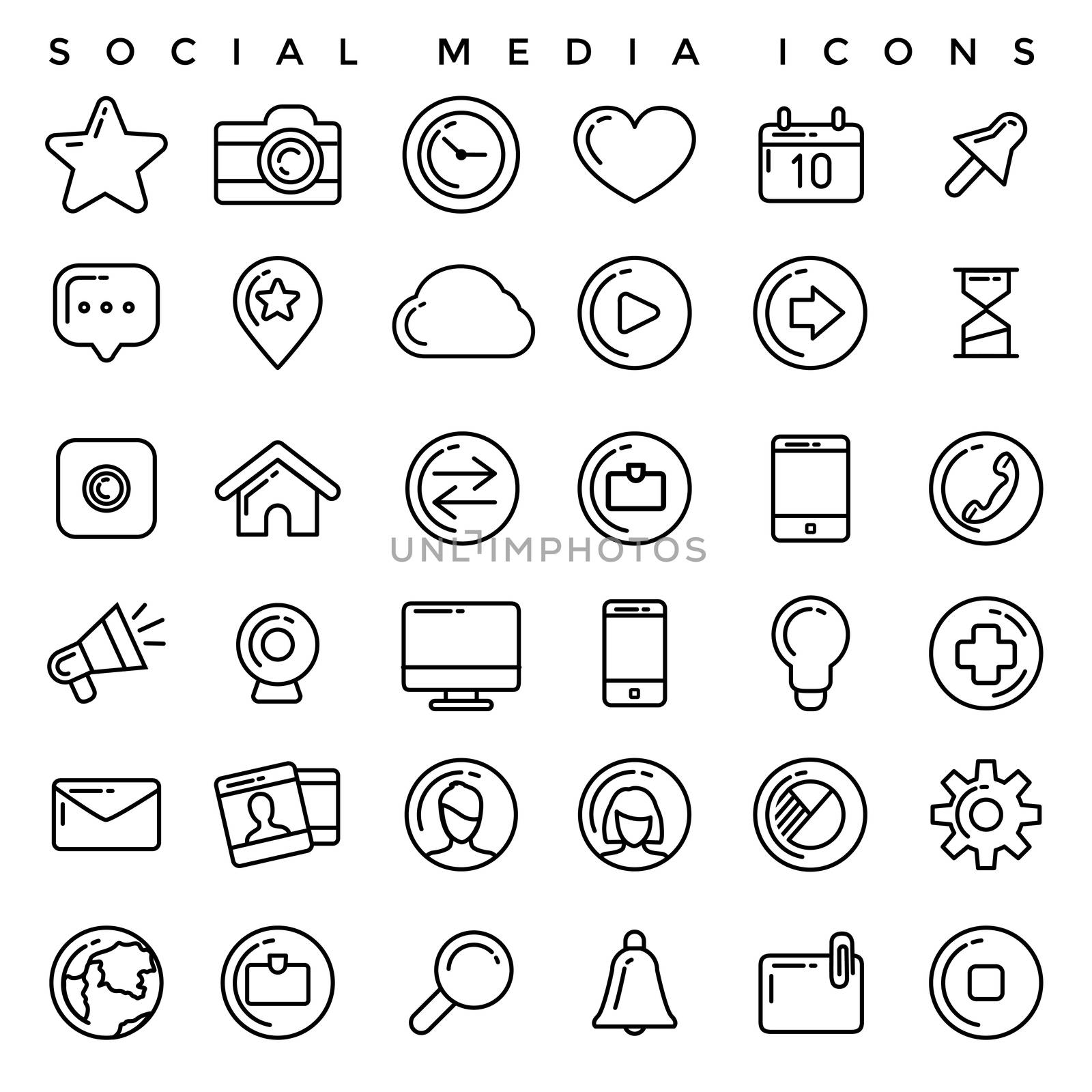 Flat linear icons of social media, social networking, mobile app, sharing, communication, and social commerce.
