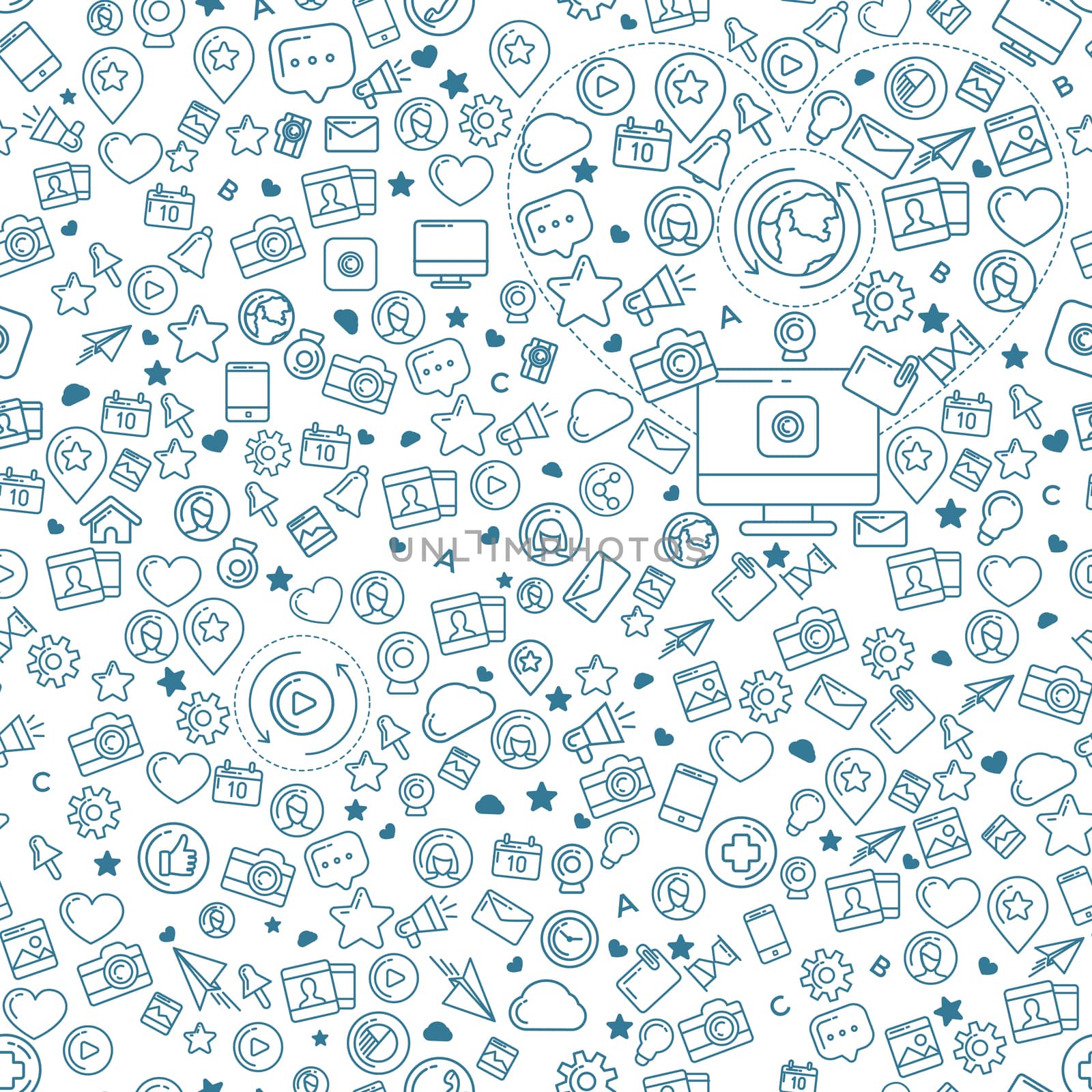 Flat linear seamless pattern of social media, social networking, mobile app, sharing, communication, and social commerce.