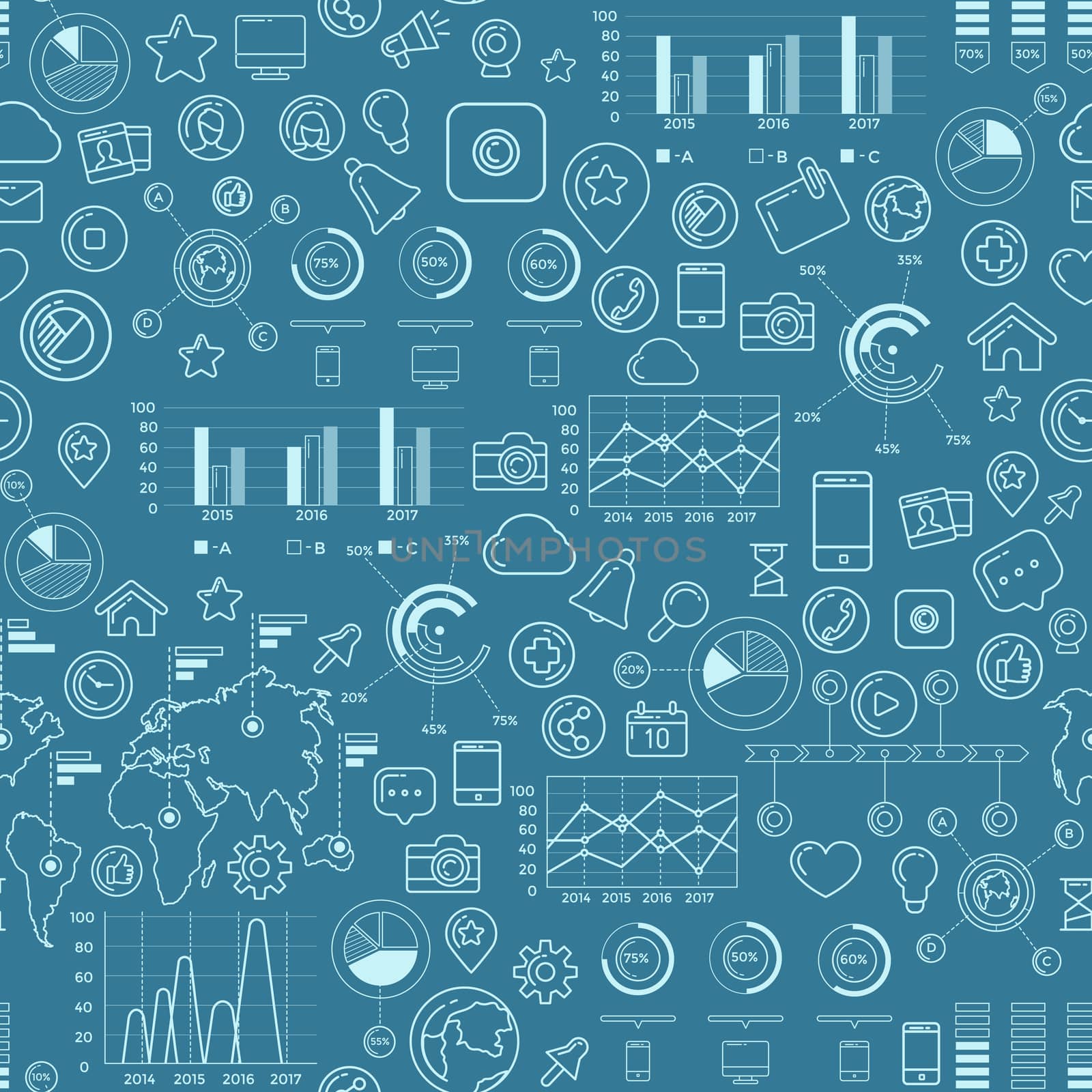 Flat linear seamless pattern of social media, social networking, mobile app, sharing, communication, and social commerce.