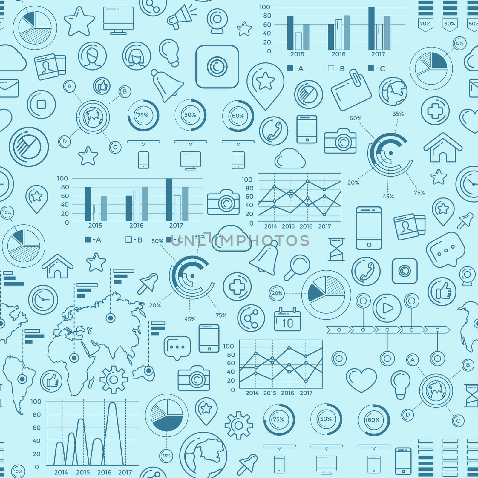 Flat linear seamless pattern of social media, social networking, mobile app, sharing, communication, and social commerce.