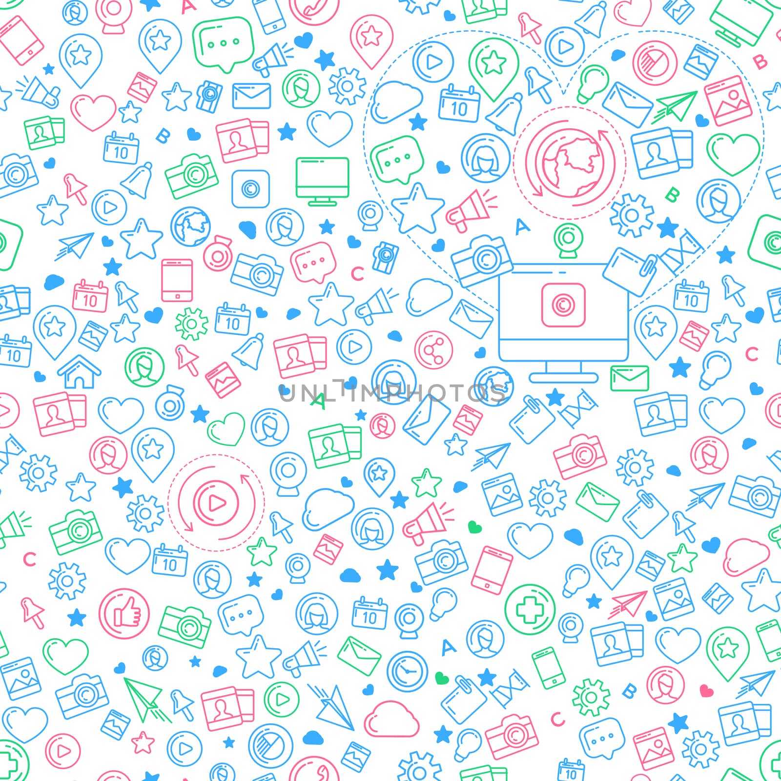 Flat linear seamless pattern of social media, social networking, mobile app, sharing, communication, and social commerce.